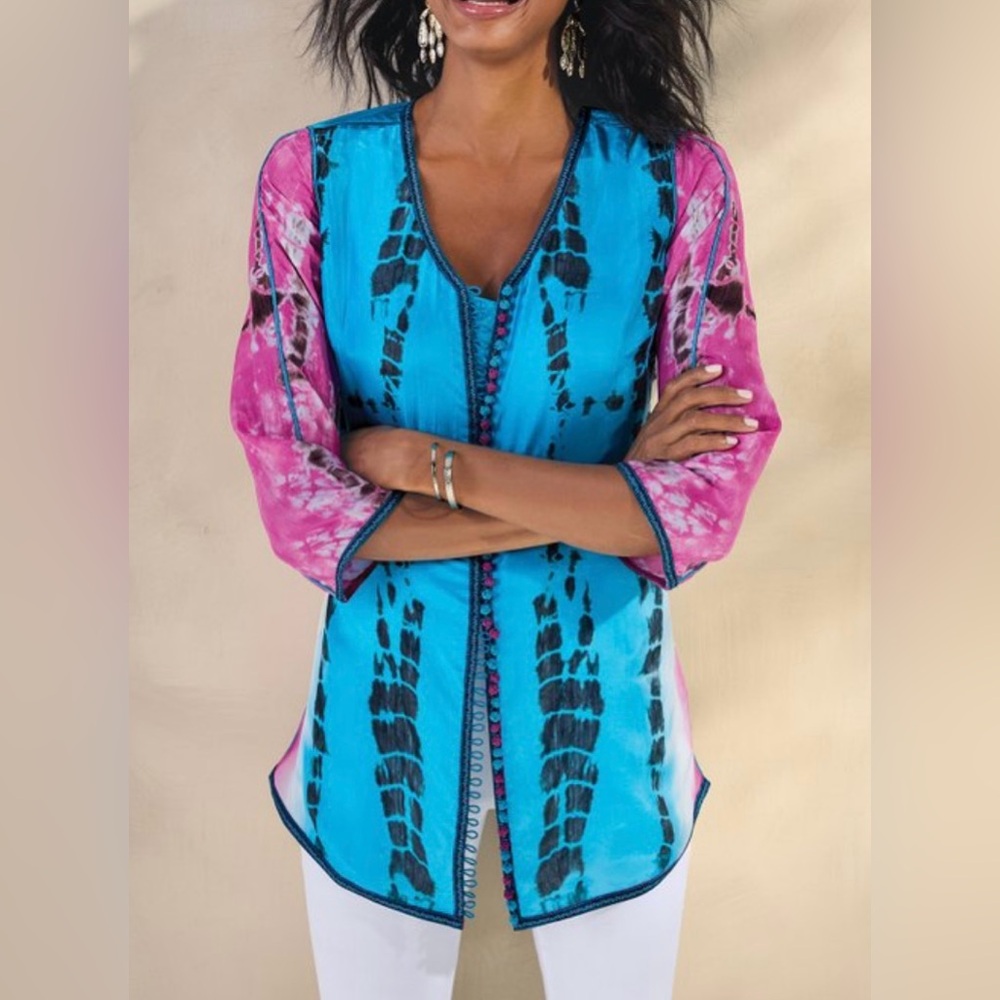 soft surroundings Vibrant Dopamine Pink and Blue 100% SILK Tunic/Cover up
